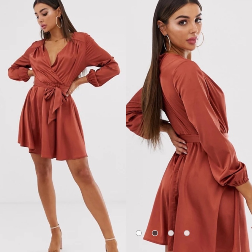 Satin Skater Dress Plunge Neckline with Tie Belt